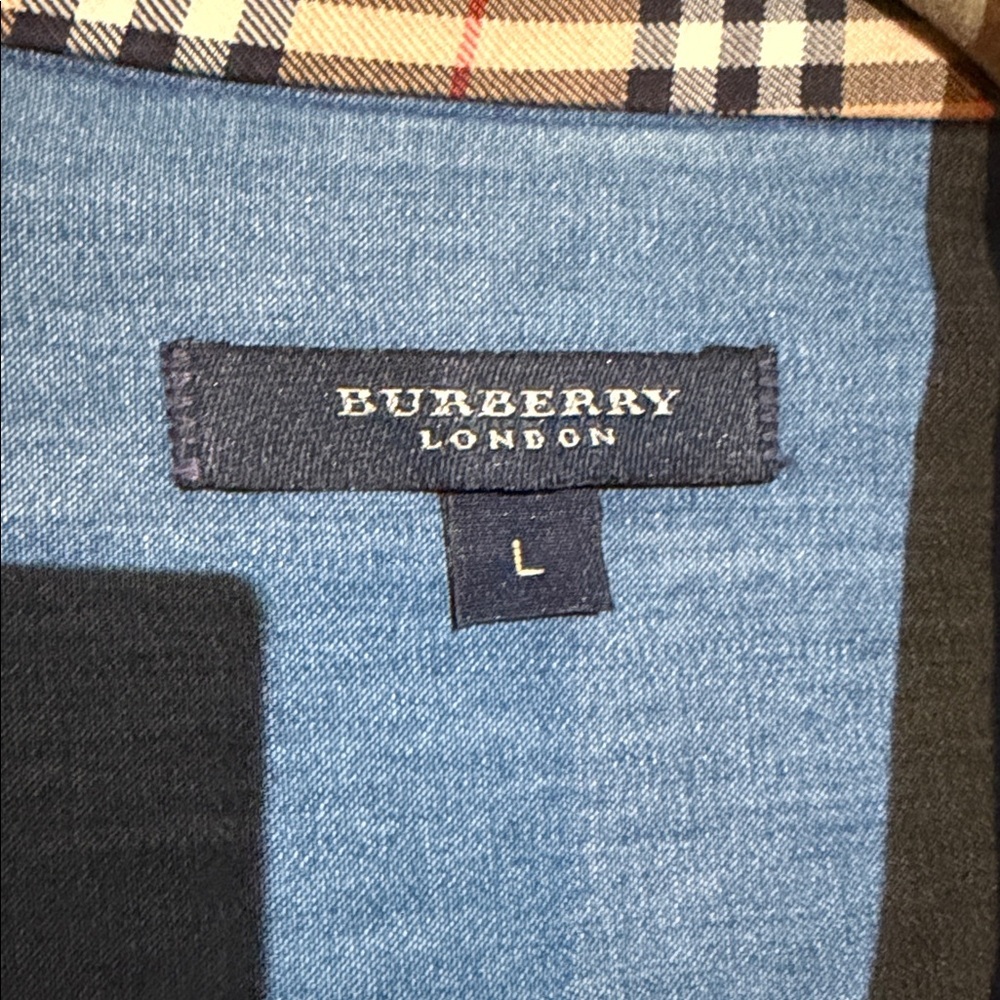 Burberry Blue Denim Shirt with Black Trim and Beige Plaid Collar - Picture 3 of 6